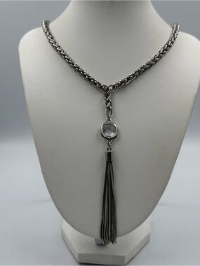 Banana Republic Silvertone Tassel Necklace With Clear Gem